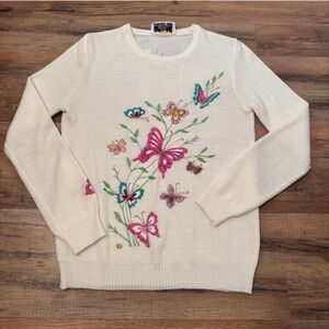 Cream Butterfly Embroidered Crewneck Sweater